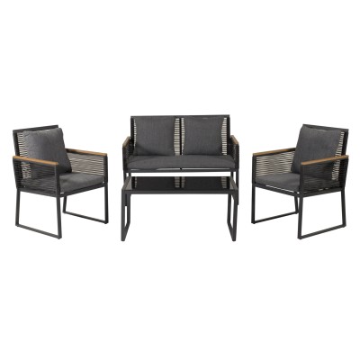 Dallas utegrupp 2+1+1+bord svart stål/rep